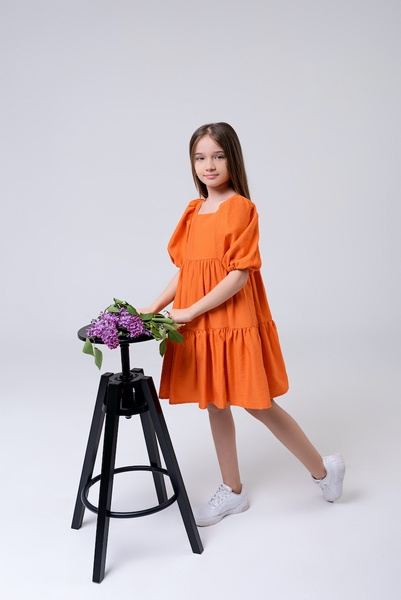 Літнє плаття для дівчинки з рукавами буфами PMR020 помаранчове, Оранжевий, 122, Міді