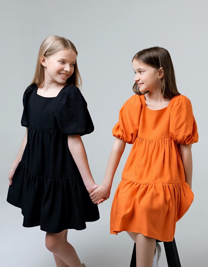 Летнее платье для девочки с рукавами буфами PMR020 оранжевое, Оранжевый, 122