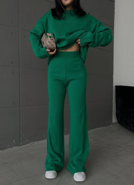 Костюм жіночий у рубчик зі светром оверсайз та штанами-палаццо зелений, Зелений, One Size