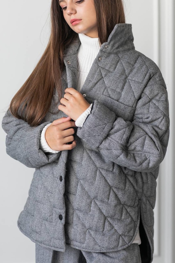 Стьобана коротка куртка-сорочка для дівчинки з карманами сіра, Сірий, 122