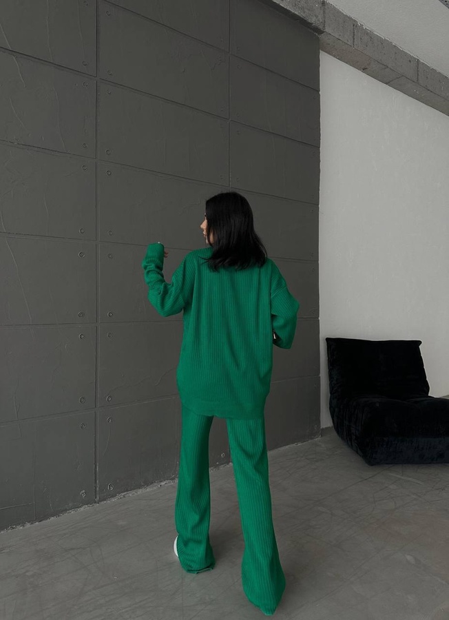 Костюм жіночий у рубчик зі светром оверсайз та штанами-палаццо зелений, Зелений, One Size