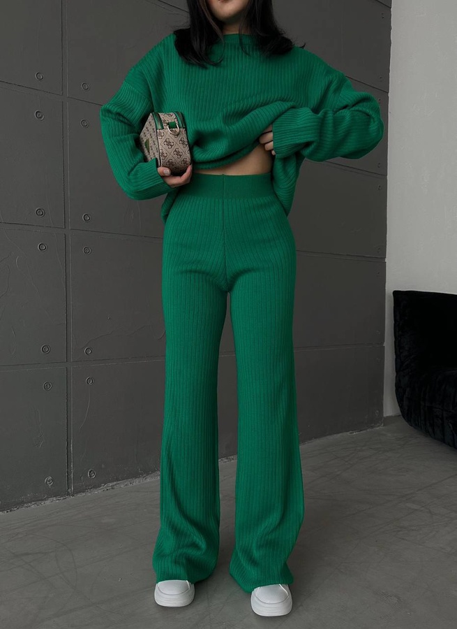 Костюм женский в рубчик со свитером оверсайз и брюками-палаццо зеленый, Зелёный, One Size