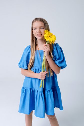 Летнее платье для девочки с рукавами буфами PMR017 голубое, 122, Миди