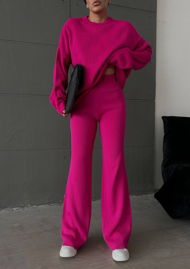 Женский костюм со свитером оверсайз и брюками-палаццо в рубчик малина, Малиновый, One Size