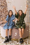 Сукня з рукавами-буфами для дівчинки з екошкіри оливкова, Оливковий, 110