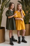 Платье с рукавами-буфами для девочки из экокожи оливковое, Оливковий, 110