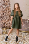 Платье с рукавами-буфами для девочки из экокожи оливковое, Оливковий, 110