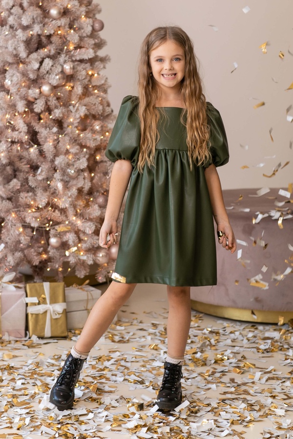 Платье с рукавами-буфами для девочки из экокожи оливковое, Оливковий, 116