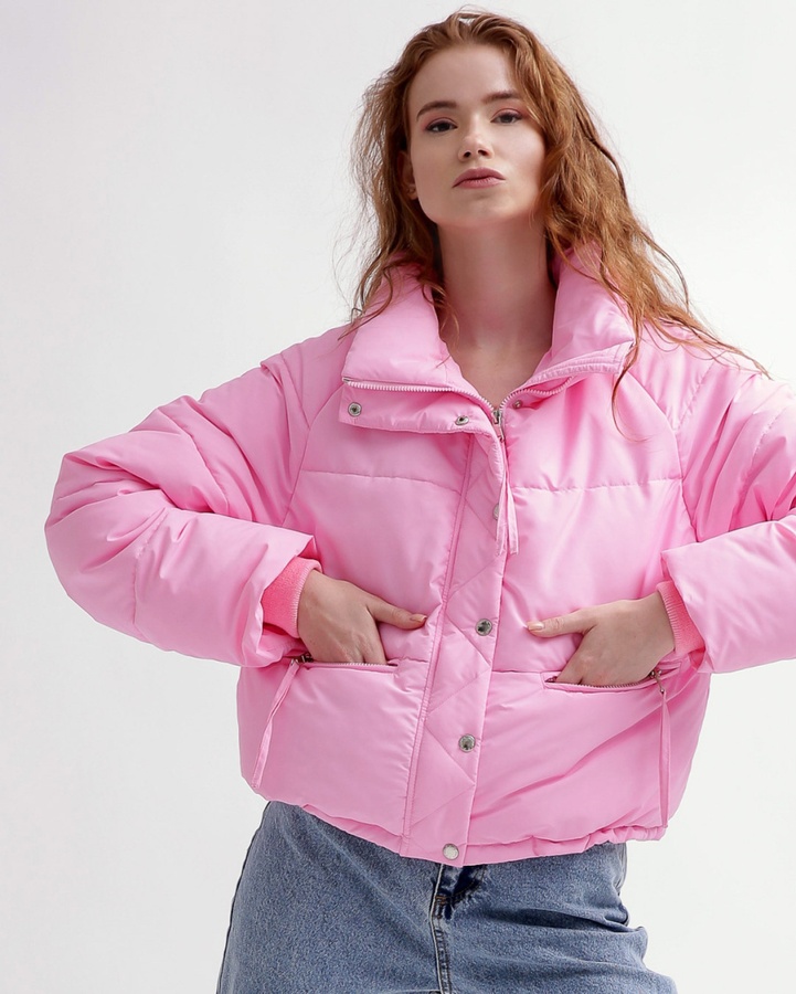 Куртка демісезонна жіноча LS-8933-15 укорочена з високим коміром рожева, Рожевий, 46