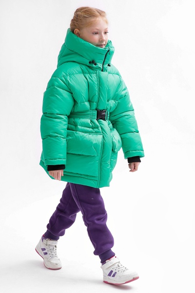 Пуховая куртка зимняя для девочки DT-8359-12 с цельным капюшоном и поясом зеленый, Зелёный, 34