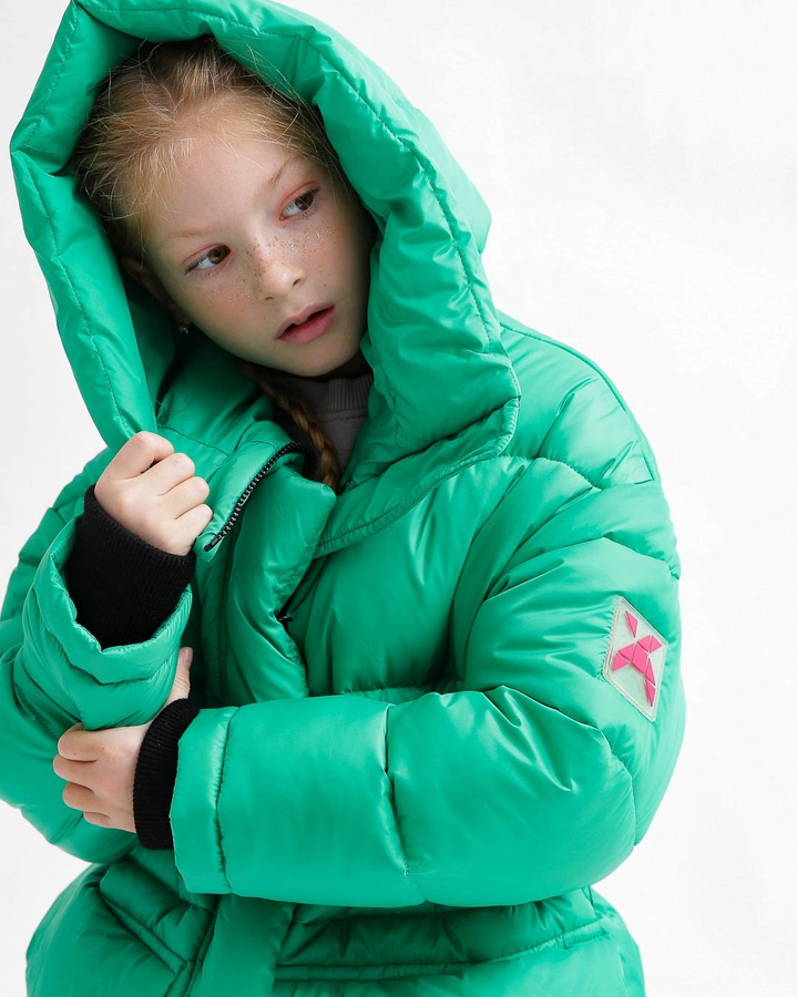 Пуховая куртка зимняя для девочки DT-8359-12 с цельным капюшоном и поясом зеленый, Зелёный, 34