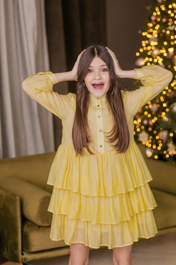 Шифонове плаття для дівчинки з каскадною об'ємною спідницею лимонне, Жовтий, 158