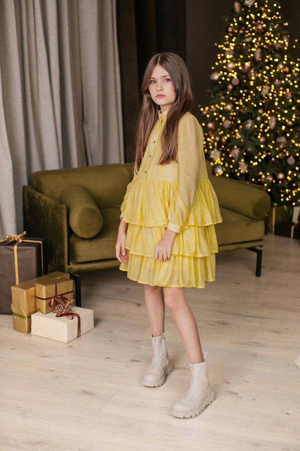 Шифоновое платье для девочки с каскадной объемной юбкой лимонное, Жёлтый, 158