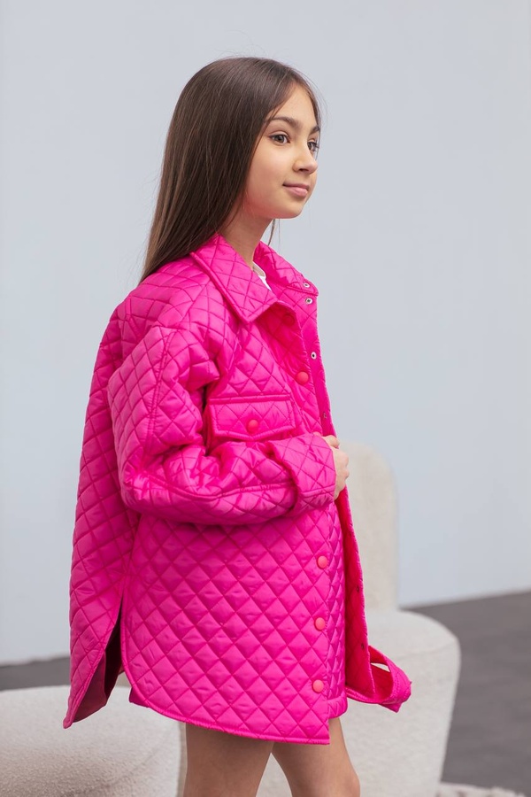 Удлиненная куртка рубашка для девочки стеганная PMR_02 малиновая, Малиновый, 122-128