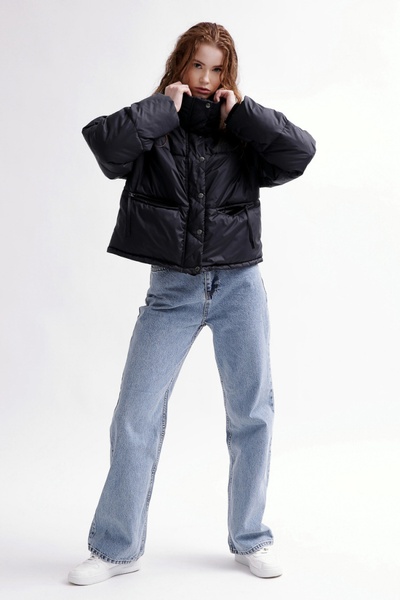 Куртка женская LS-8933-8 укороченная с манжетами и высоким воротником черная, Чорний, 42