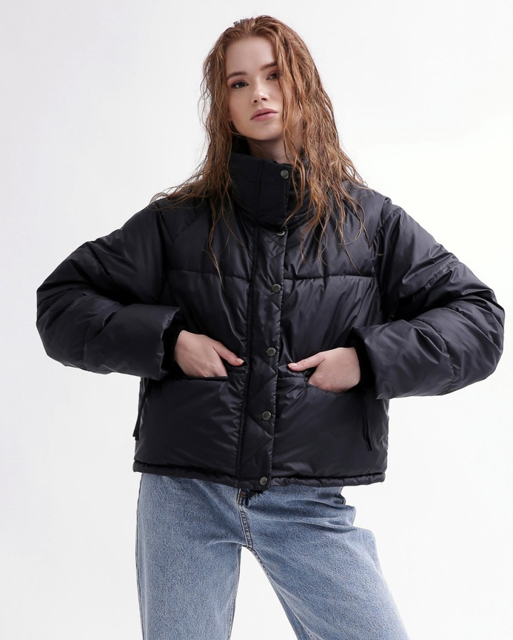 Куртка жіноча LS-8933-8 укорочена з манжетами та високим коміром чорна, Чорний, 42