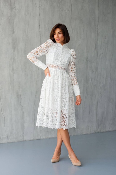 Платье кружевное длины миди белое, Белый, 36(S)