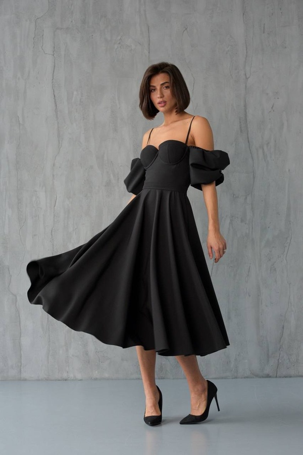 Платье-бюстье длины миди с объемными рукавами и завязкой на спине, Чорний, 36(S)