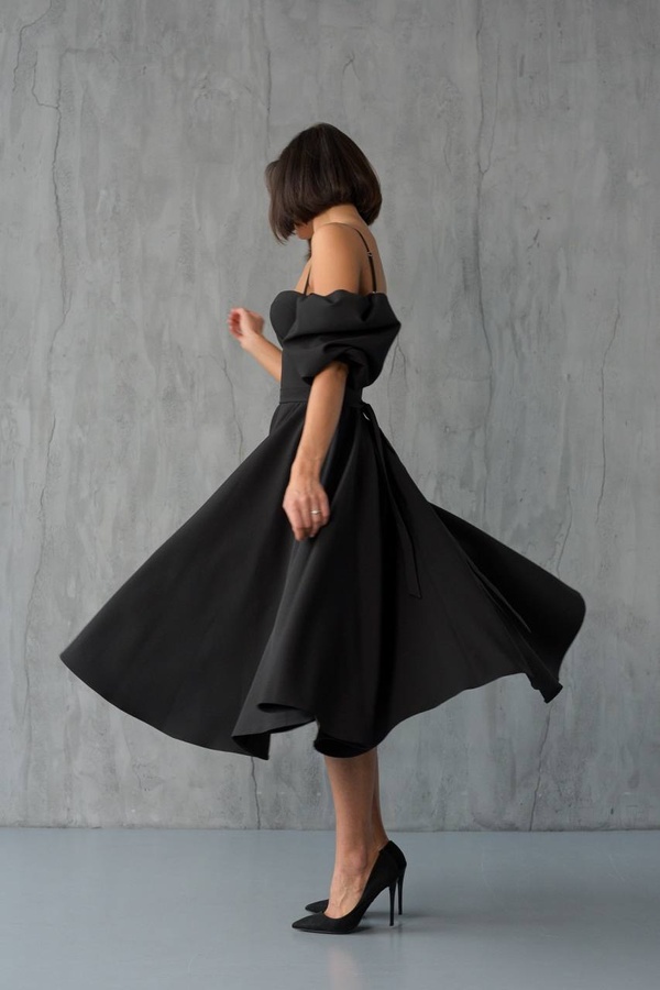 Платье-бюстье длины миди с объемными рукавами и завязкой на спине, Чорний, 36(S)